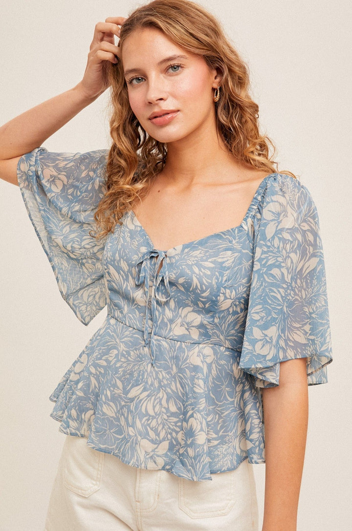 Hem & Thread Square Neck Flutter Sleeve Floral Print Chiffon Peplum Top