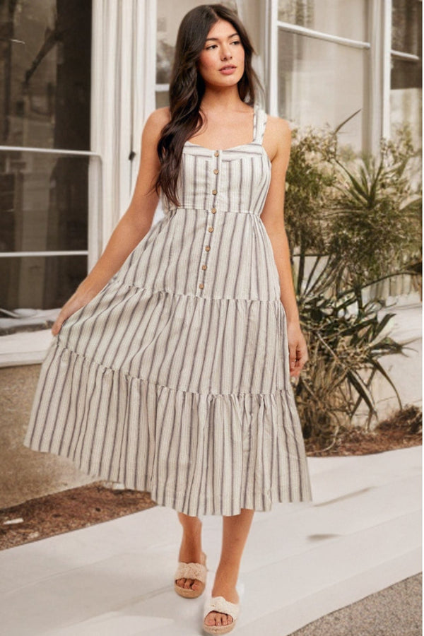 Hem & Thread Sweetheart Neckline Button Front Striped and Tiered Midi Dress