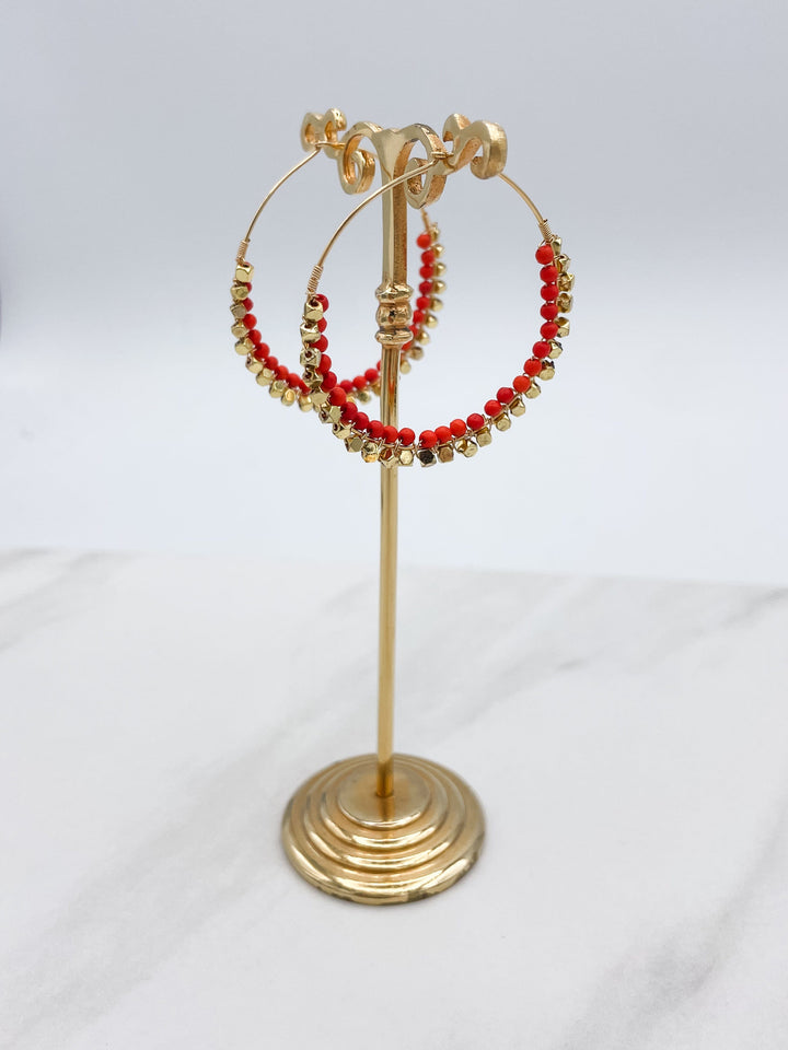 Hoop Earring with Orange and Gold Bead Detail