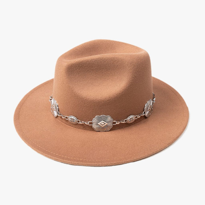 Jen & Co Annette Fedora with Concho Chain Band and Wide Brim