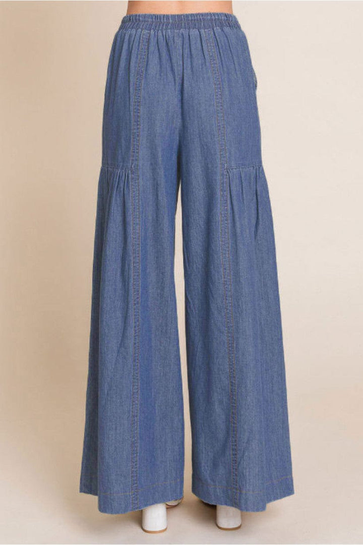 Jodifl Denim Elastic Waistband Detailed Seam Lightweight Palazzo Pants