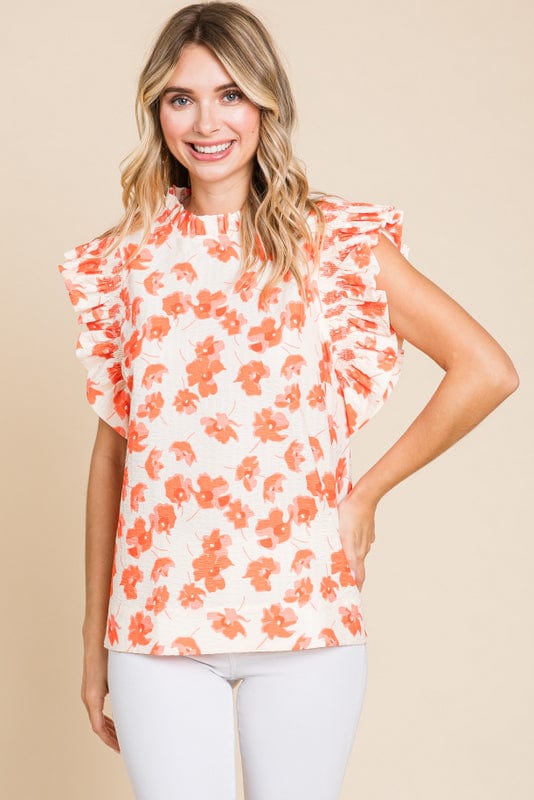 Jodifl Floral Print Frilled Neck and Shoulder Blouse Top