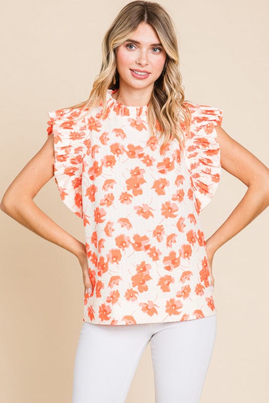 Jodifl Floral Print Frilled Neck and Shoulder Blouse Top