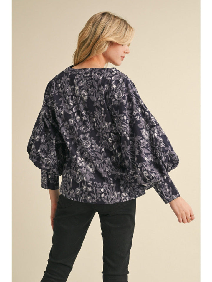 Jodifl Floral Print V-Neck Pleated 3/4 Balloon Sleeve Blouse Top