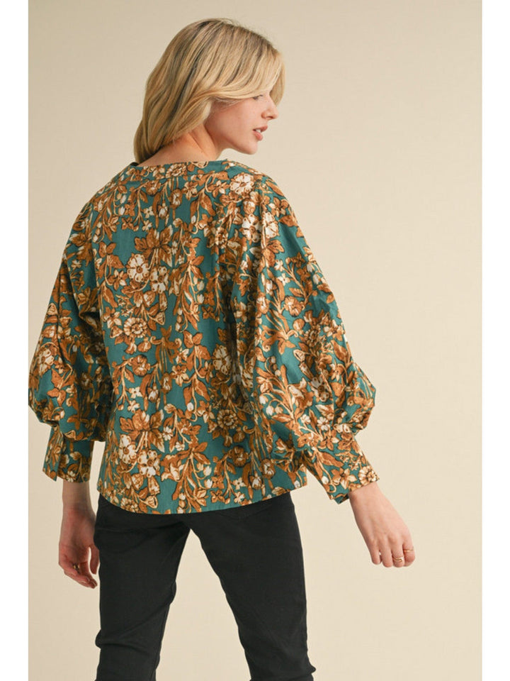 Jodifl Floral Print V-Neck Pleated 3/4 Balloon Sleeve Blouse Top