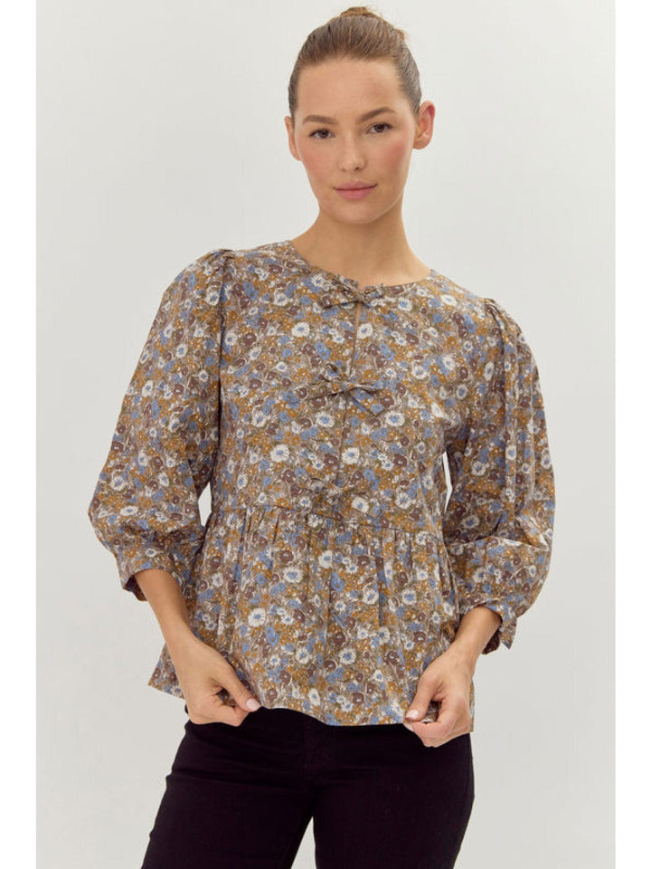 Jodifl Flower Print Peplum U-Neck Ribbon Tie 3/4 Sleeve Top