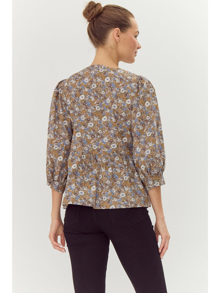 Jodifl Flower Print Peplum U-Neck Ribbon Tie 3/4 Sleeve Top