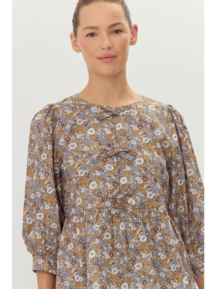 Jodifl Flower Print Peplum U-Neck Ribbon Tie 3/4 Sleeve Top