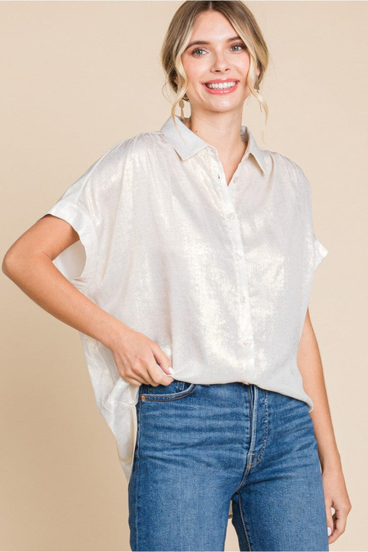 Jodifl Metallic Collared Button Up Top with Cuffed Short Sleeves