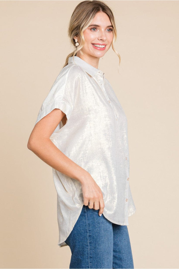 Jodifl Metallic Collared Button Up Top with Cuffed Short Sleeves