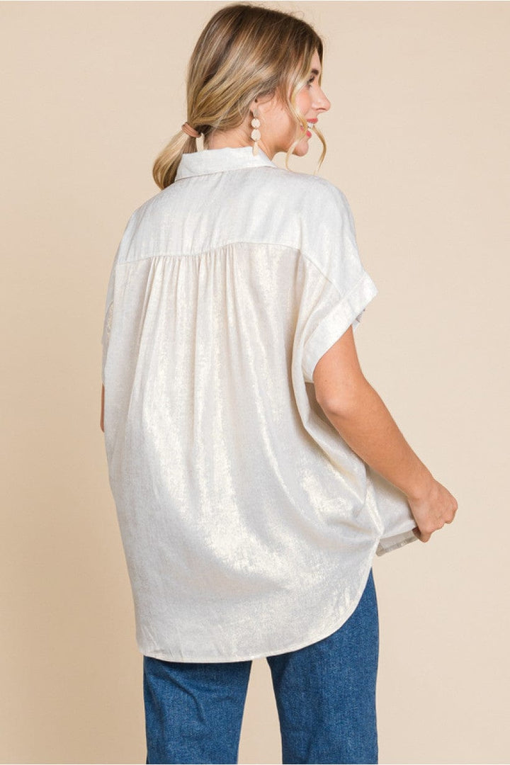 Jodifl Metallic Collared Button Up Top with Cuffed Short Sleeves