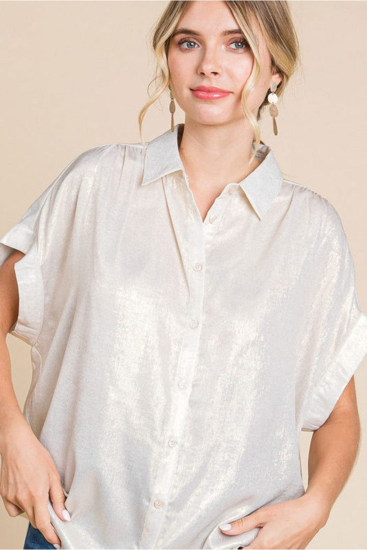 Jodifl Metallic Collared Button Up Top with Cuffed Short Sleeves