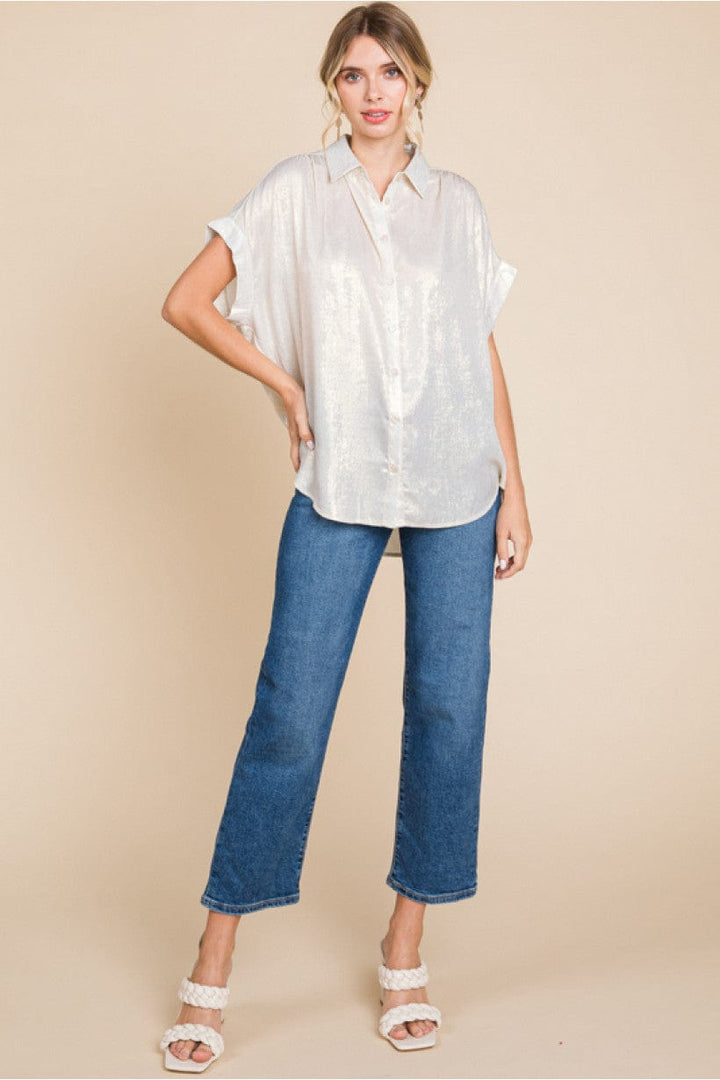 Jodifl Metallic Collared Button Up Top with Cuffed Short Sleeves