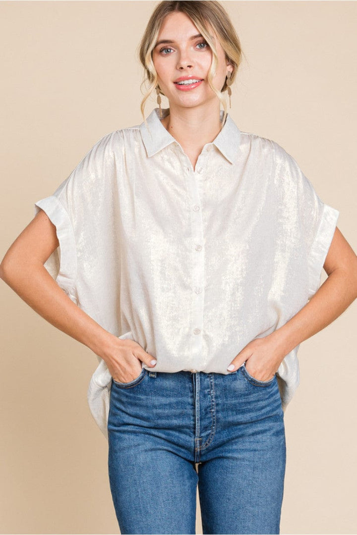 Jodifl Metallic Collared Button Up Top with Cuffed Short Sleeves