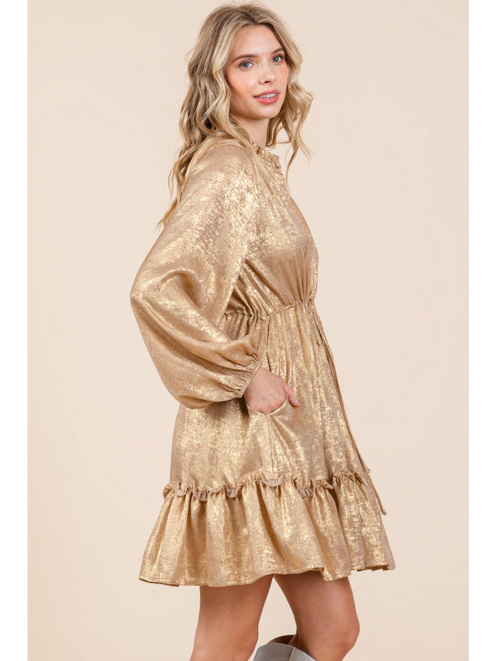 Jodifl Metallic Frilled Mock Neck Bubble Sleeve Button Up Dress