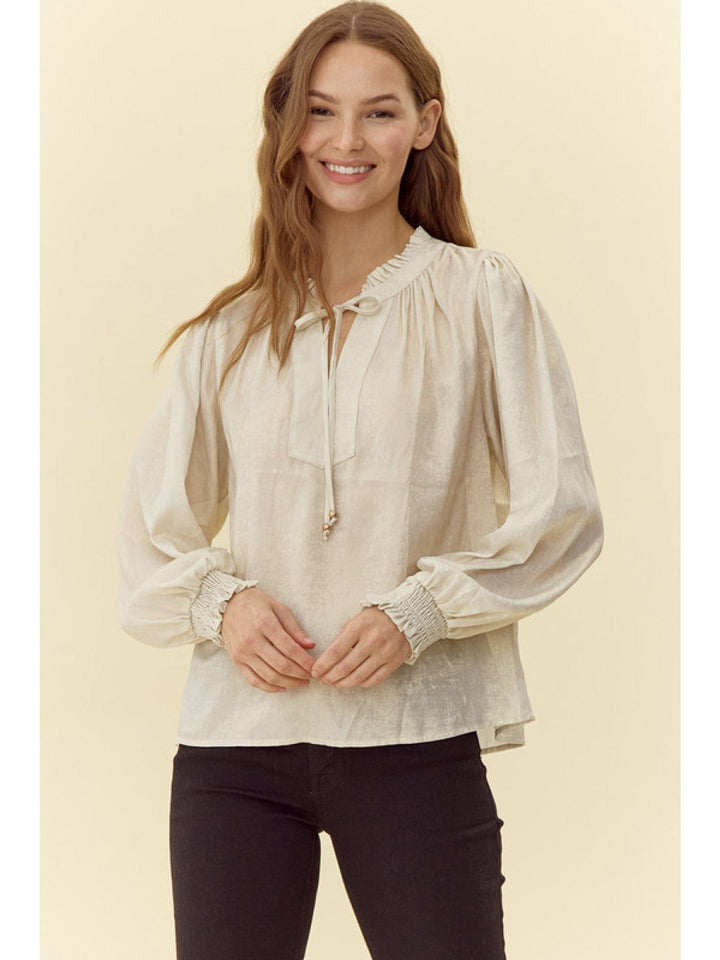 Jodifl Metallic Frilled Tie Neck Peasant Sleeve Smocked Cuff Top