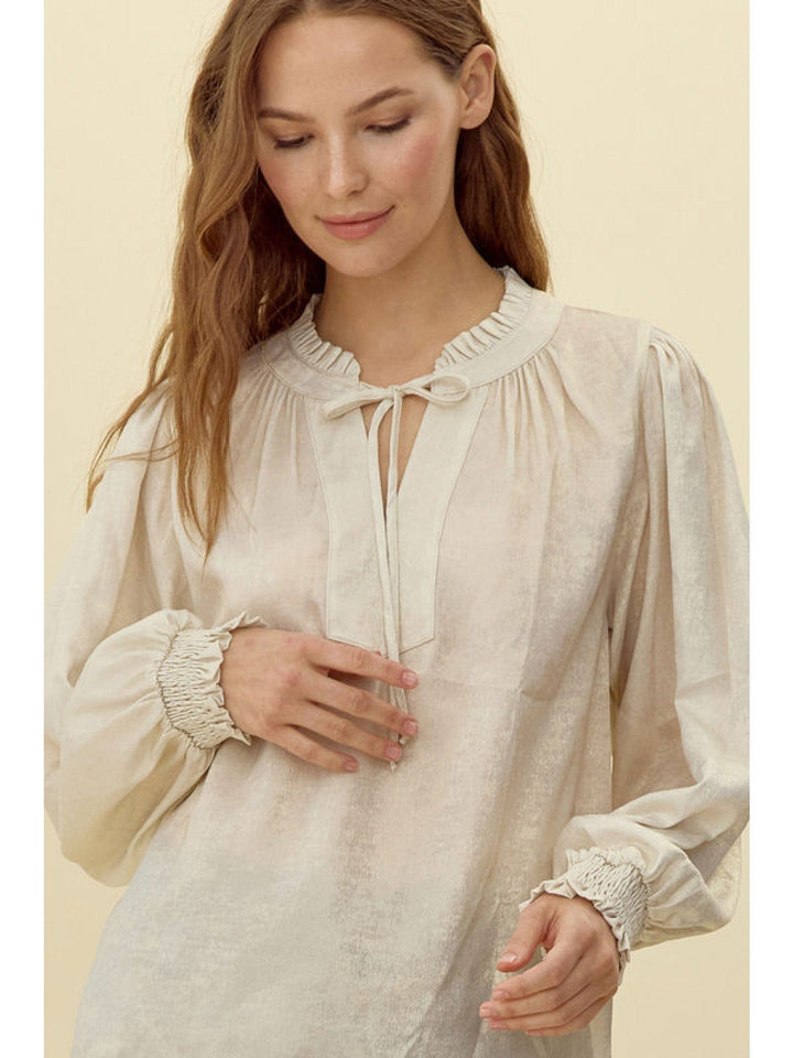 Jodifl Metallic Frilled Tie Neck Peasant Sleeve Smocked Cuff Top