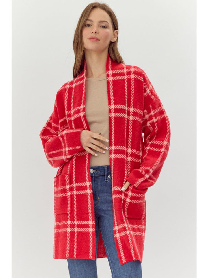 Jodifl Plaid Front Pocket Long Sleeve Knit Cardigan