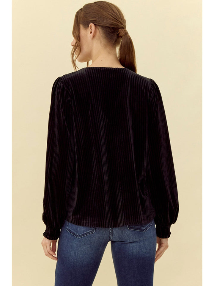 Jodifl Pleated Velvet V-Neck Long Peasant Sleeve Top