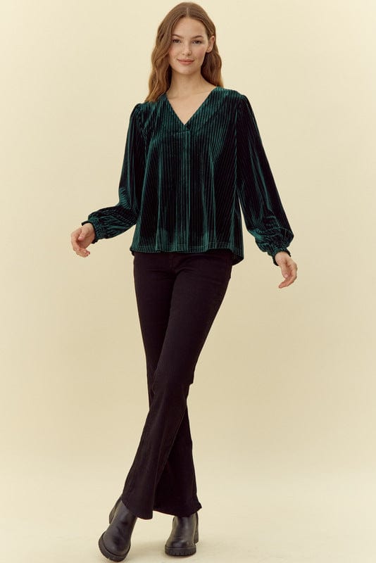 Jodifl Pleated Velvet V-Neck Long Peasant Sleeve Top