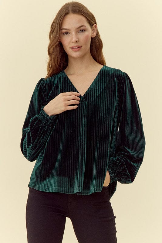 Jodifl Pleated Velvet V-Neck Long Peasant Sleeve Top