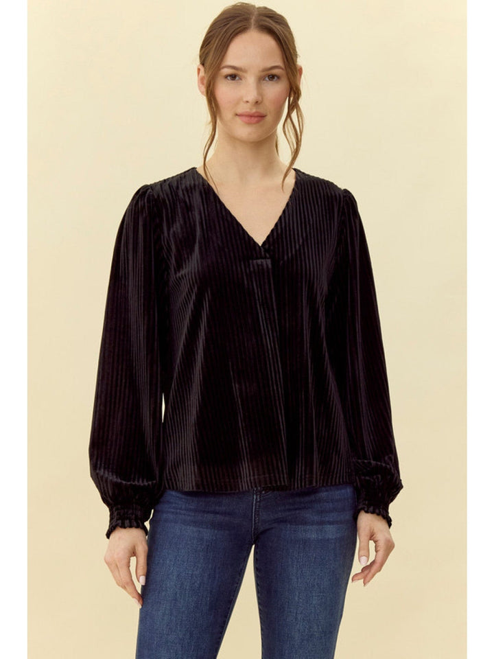 Jodifl Pleated Velvet V-Neck Long Peasant Sleeve Top