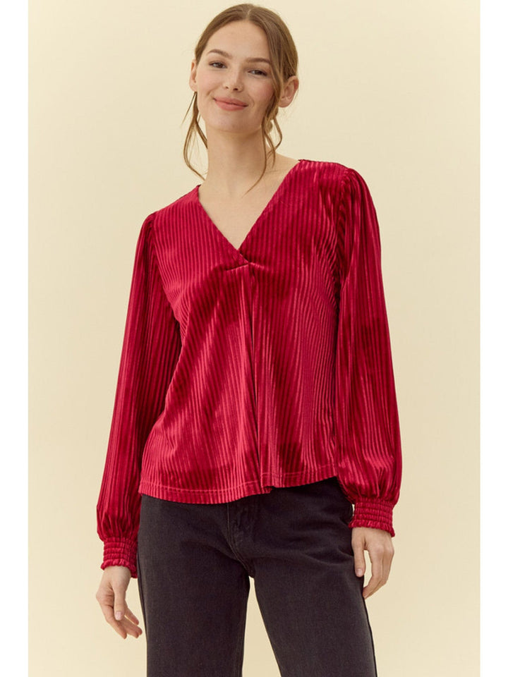 Jodifl Pleated Velvet V-Neck Long Peasant Sleeve Top