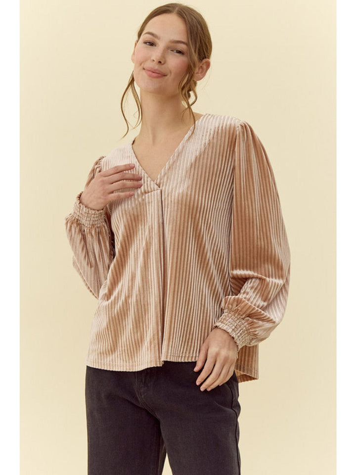 Jodifl Pleated Velvet V-Neck Long Peasant Sleeve Top