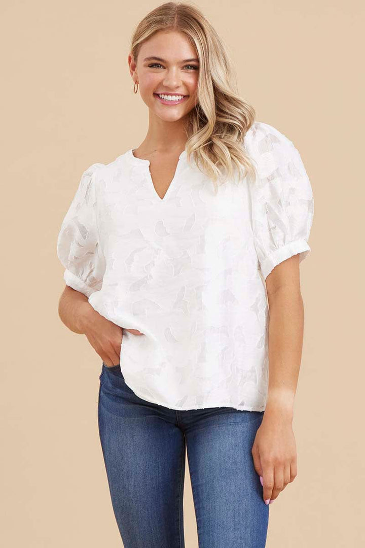 Jodifl Slit Neckline Short Bubble Sleeve Lace Top with Band Cuffs