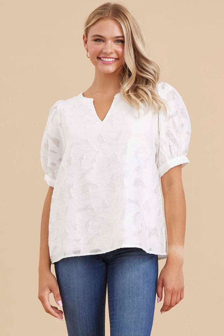 Jodifl Slit Neckline Short Bubble Sleeve Lace Top with Band Cuffs