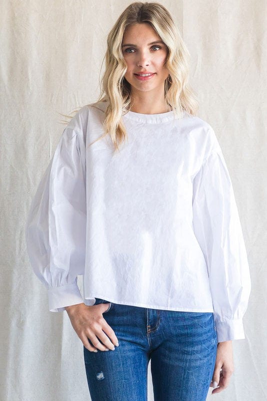 Jodifl Solid Top with a U-Neck, Back Key Hole, Drop Shoulder, and Long Puffed Sleeves