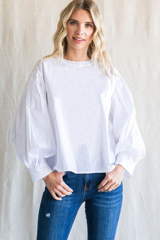 Jodifl Solid Top with a U-Neck, Back Key Hole, Drop Shoulder, and Long Puffed Sleeves