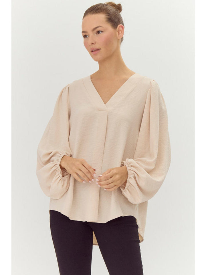 Jodifl Solid V-Neck Bubble Sleeve Curved Hem Blouse Top