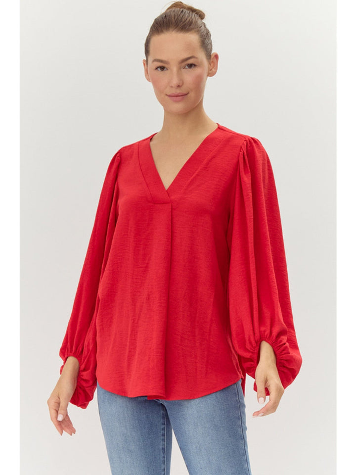 Jodifl Solid V-Neck Bubble Sleeve Curved Hem Blouse Top