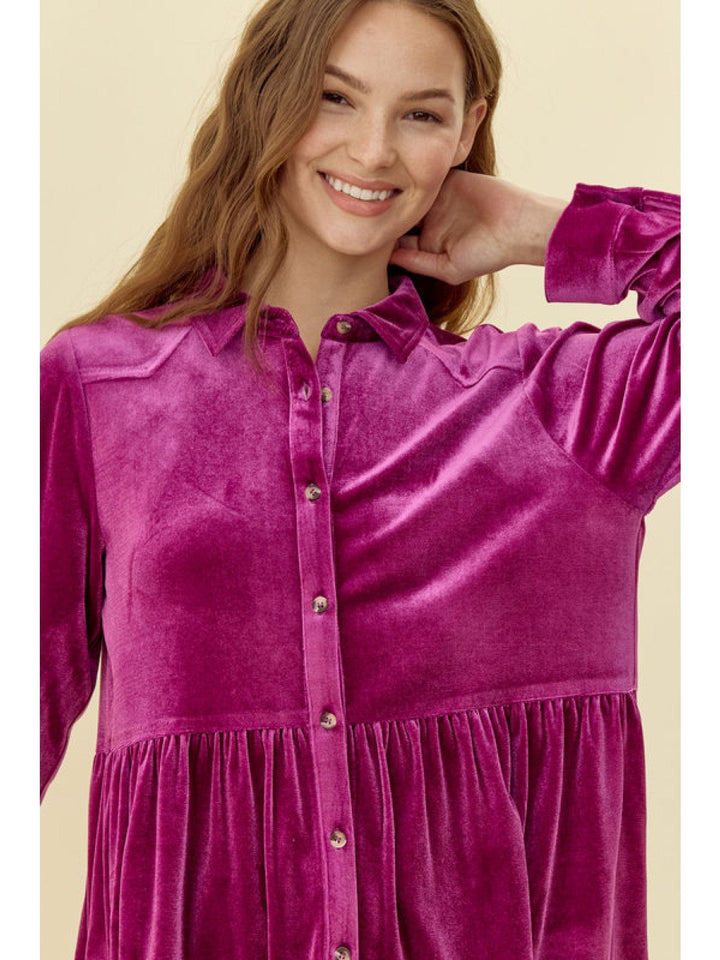 Jodifl Velvet Peplum Button Down Collared Long Sleeve Top