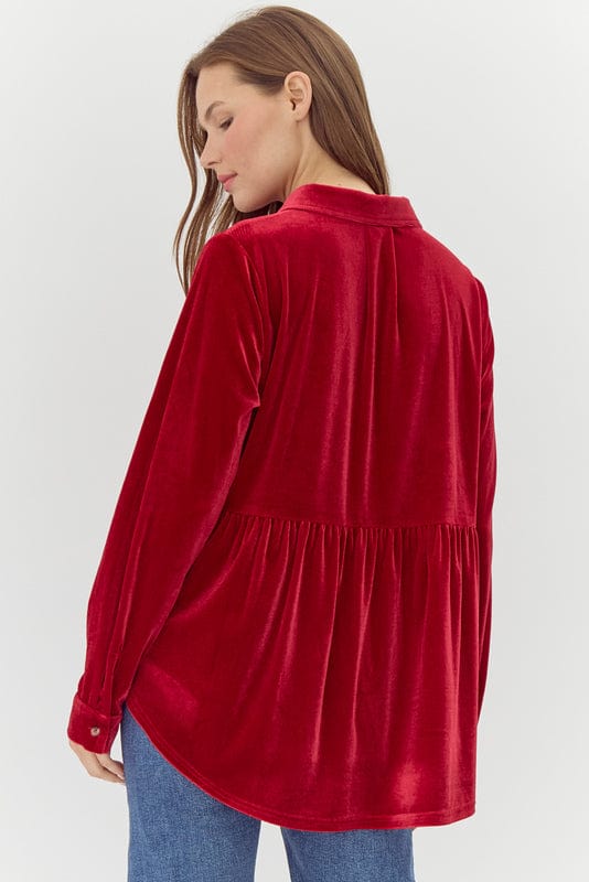 Jodifl Velvet Peplum Button Down Collared Long Sleeve Top