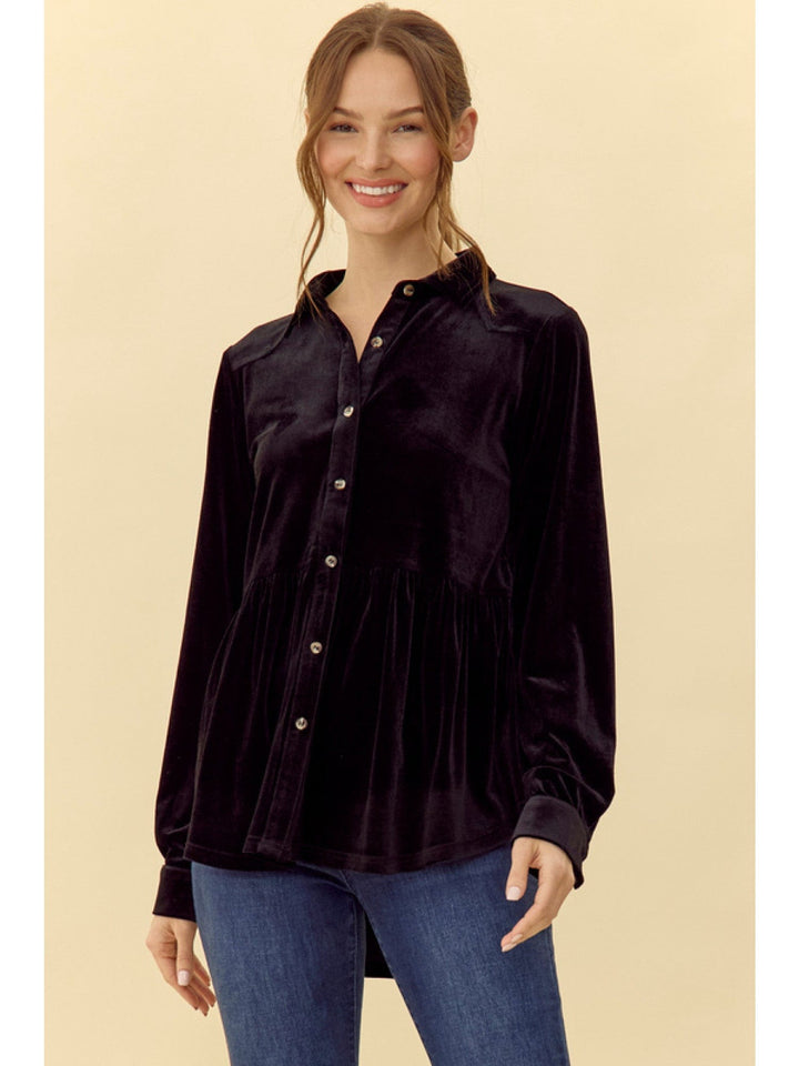 Jodifl Velvet Peplum Button Down Collared Long Sleeve Top