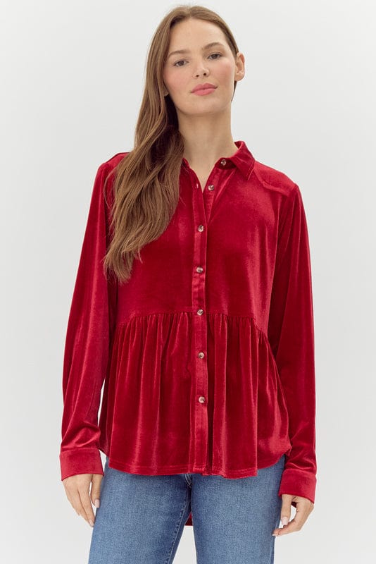 Jodifl Velvet Peplum Button Down Collared Long Sleeve Top