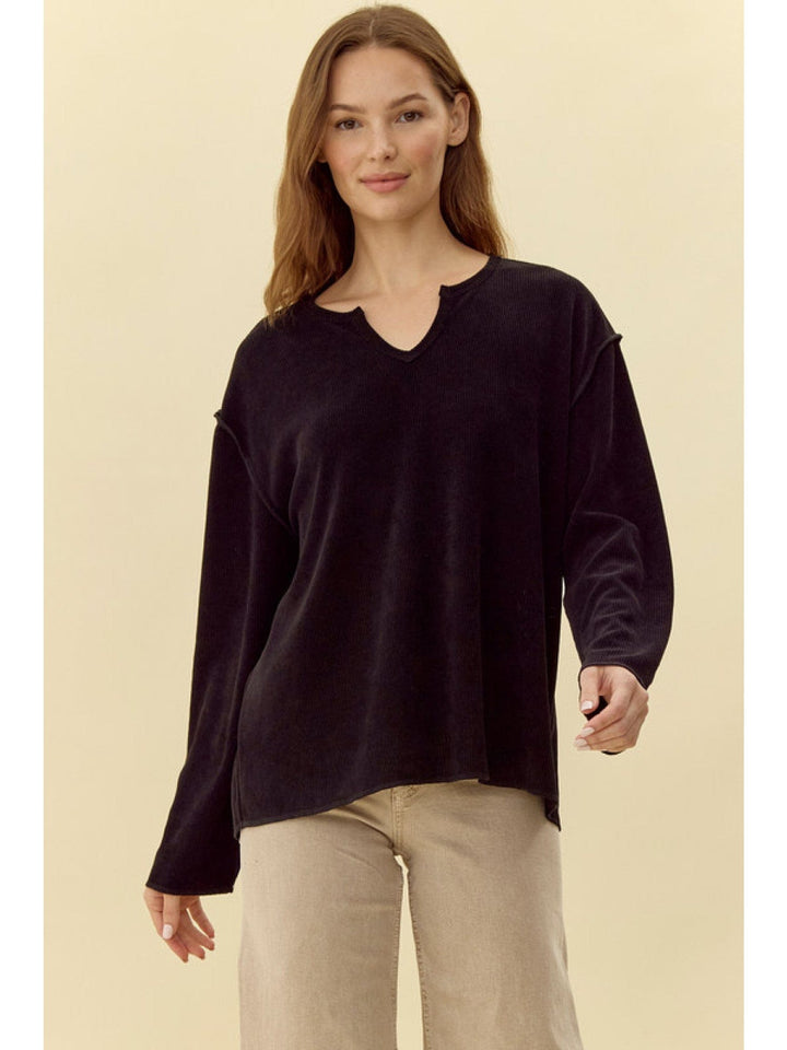 Jodifl Waffle Texture Slit Neck Drop Shoulder Knit Top