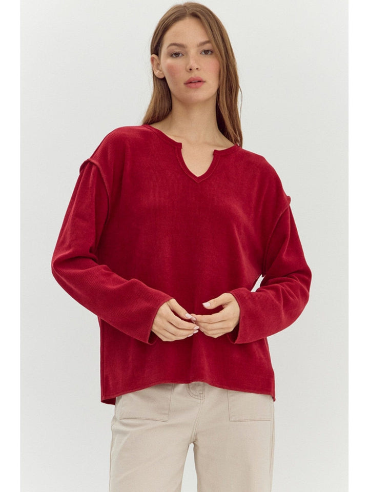 Jodifl Waffle Texture Slit Neck Drop Shoulder Knit Top