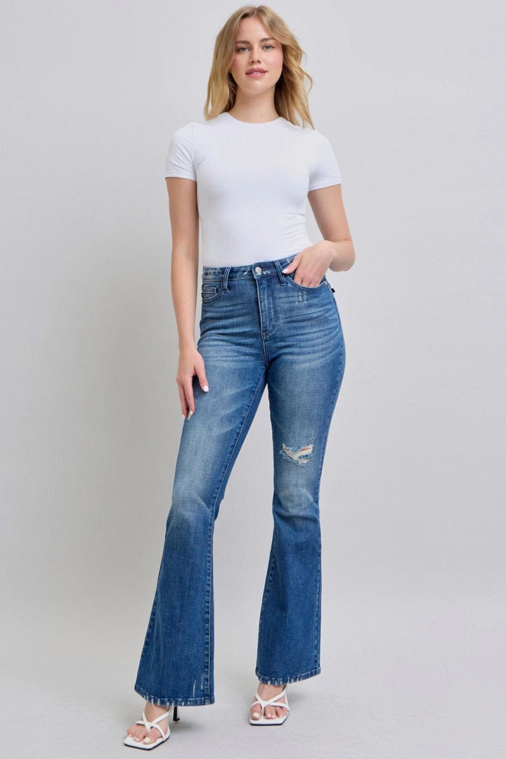 Judy Blue High Waist Contrast Wash Destroy Flare Leg Jeans