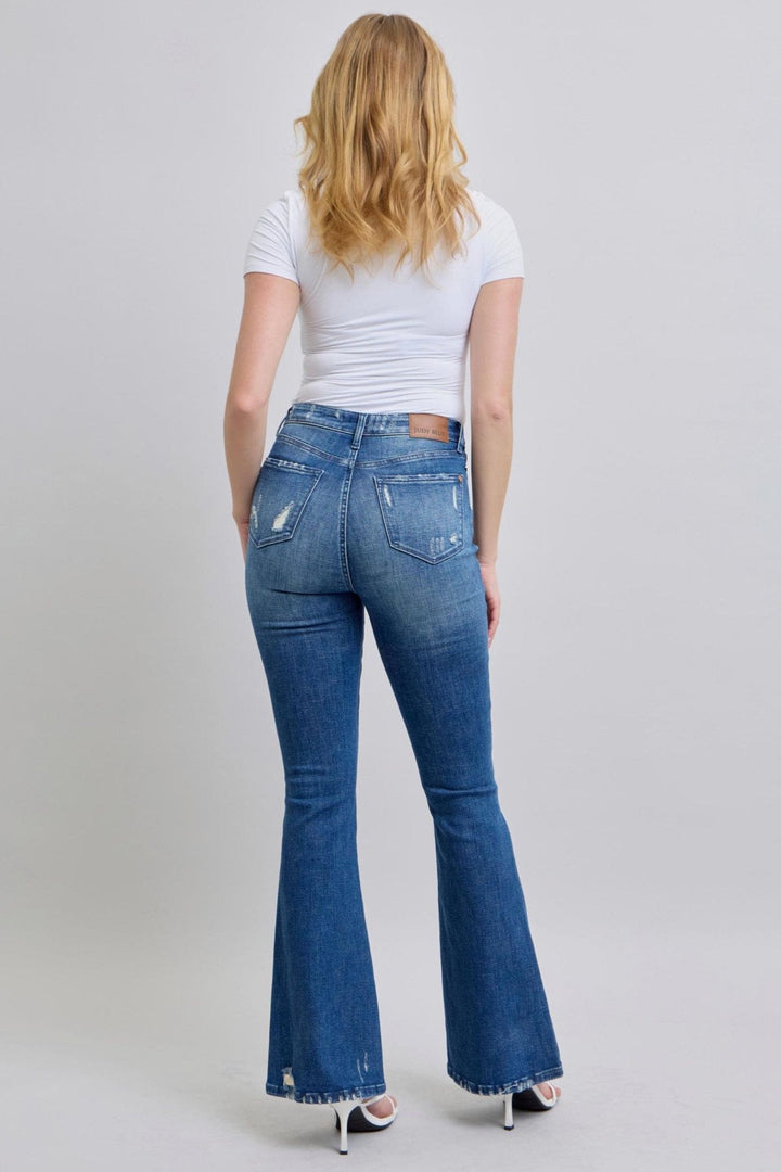 Judy Blue High Waist Contrast Wash Destroy Flare Leg Jeans