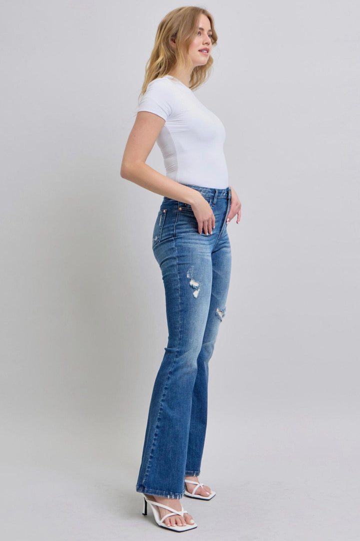 Judy Blue High Waist Contrast Wash Destroy Flare Leg Jeans