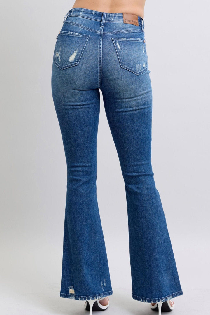 Judy Blue High Waist Contrast Wash Destroy Flare Leg Jeans