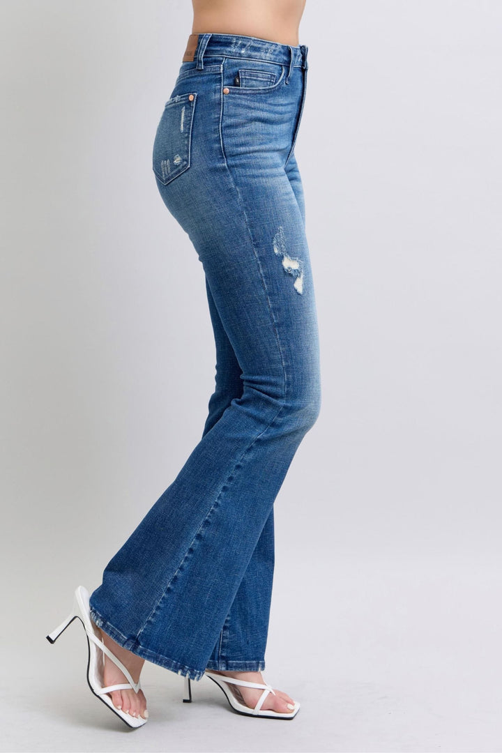 Judy Blue High Waist Contrast Wash Destroy Flare Leg Jeans