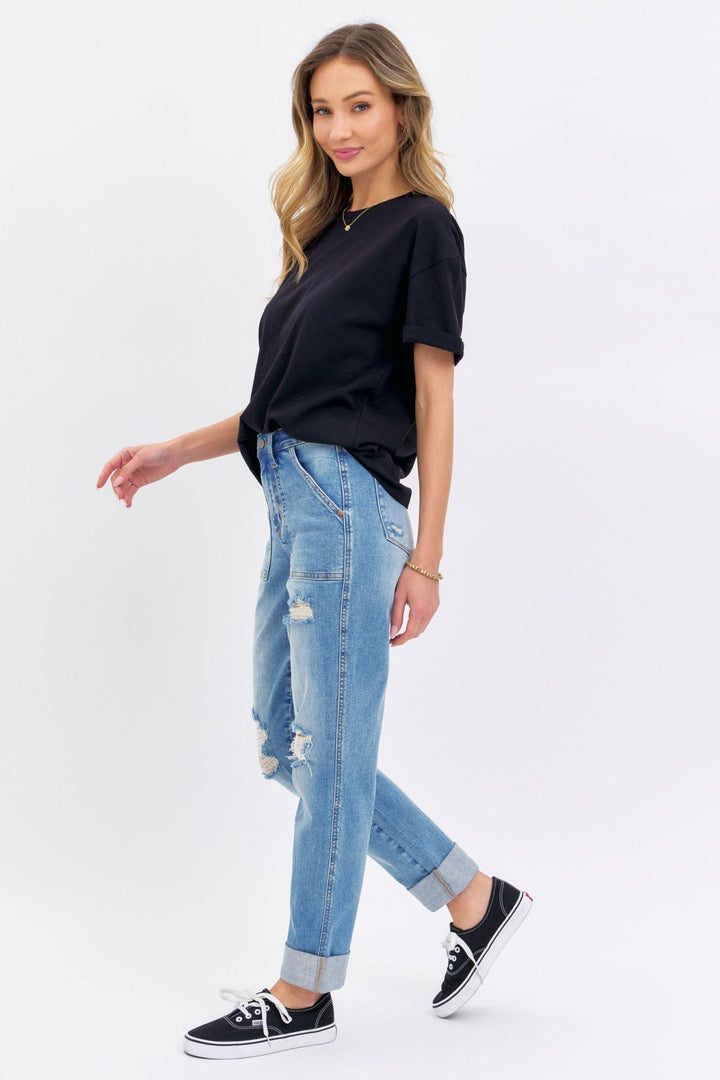 Judy Blue High Waist Patch Pocket Distressed Boyfriend Fit Jeans