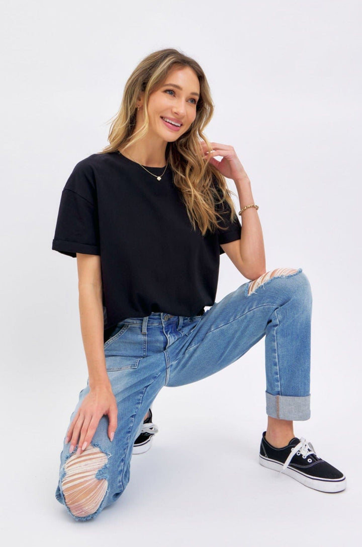 Judy Blue High Waist Patch Pocket Distressed Boyfriend Fit Jeans