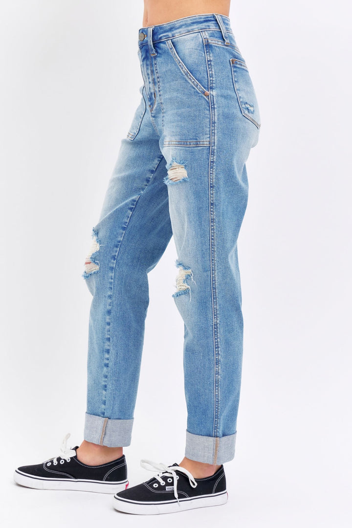 Judy Blue High Waist Patch Pocket Distressed Boyfriend Fit Jeans