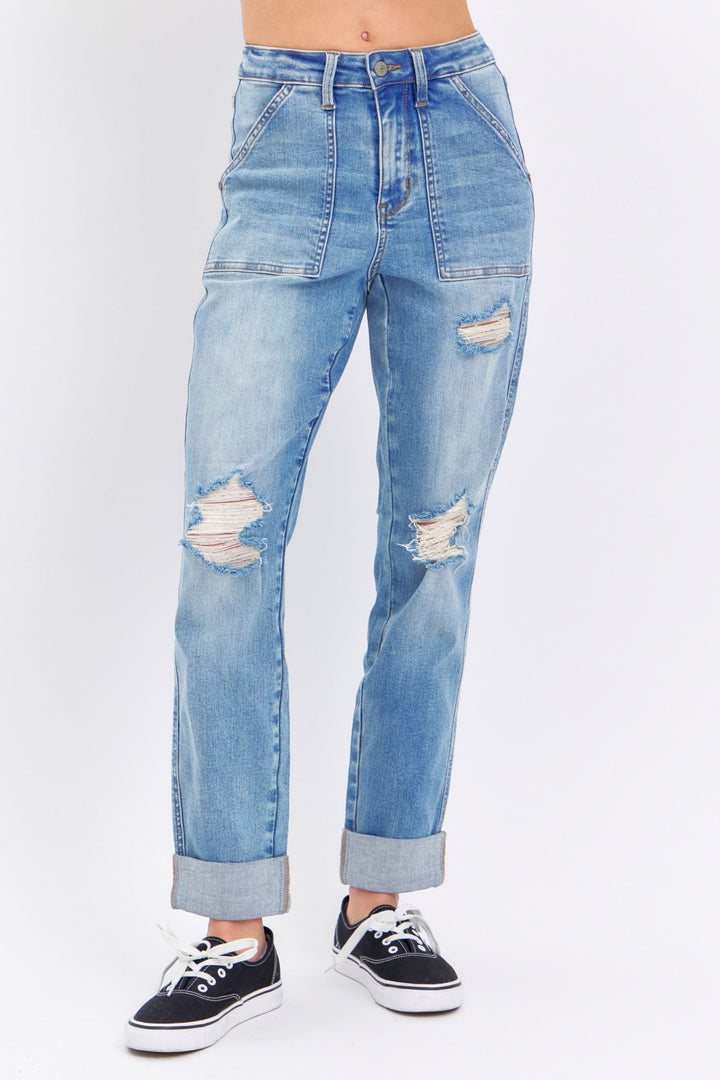 Judy Blue High Waist Patch Pocket Distressed Boyfriend Fit Jeans