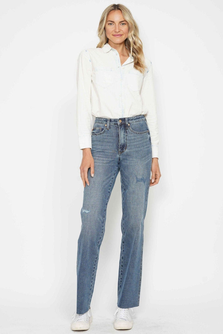 Judy Blue High Waist Tummy Control Cut Raw Hem Straight Leg Jeans